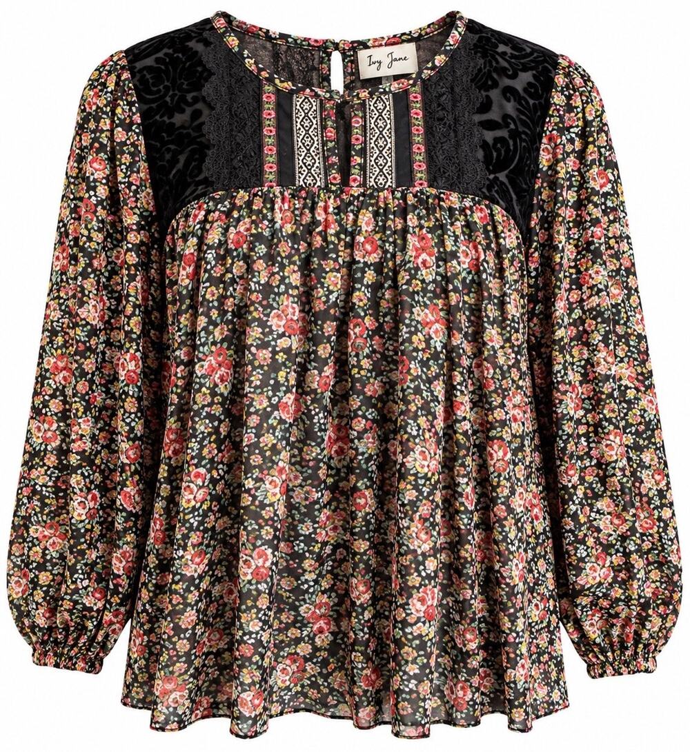 Ivy Jane Floral Velvet Lace Peasant Blouse XS Black Boho Tiered Ruffle Tunic